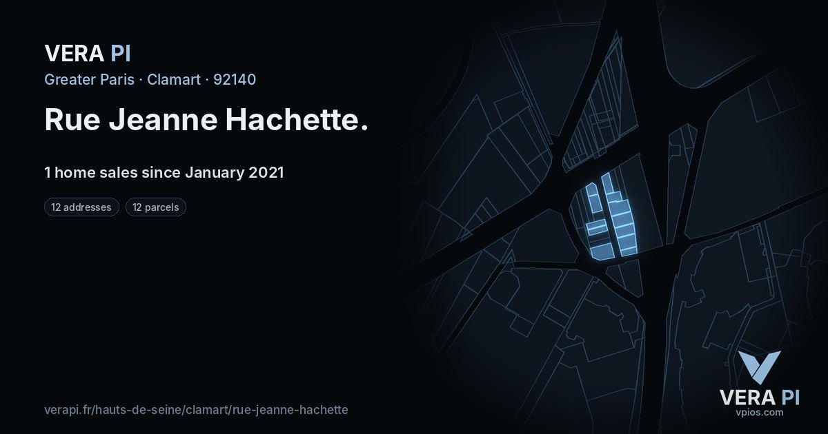Rue Jeanne Hachette, Clamart at night – every parcel coloured by the prices around it, the street's own parcels lit