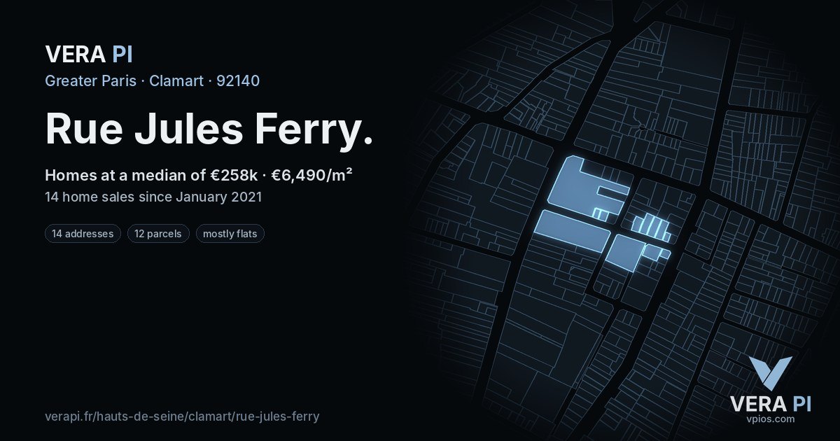 Rue Jules Ferry, Clamart at night – every parcel coloured by the prices around it, the street's own parcels lit