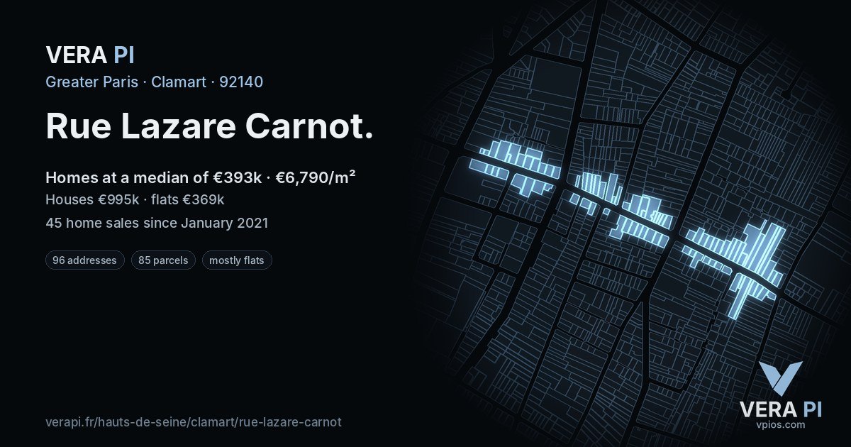 Rue Lazare Carnot, Clamart at night – every parcel coloured by the prices around it, the street's own parcels lit