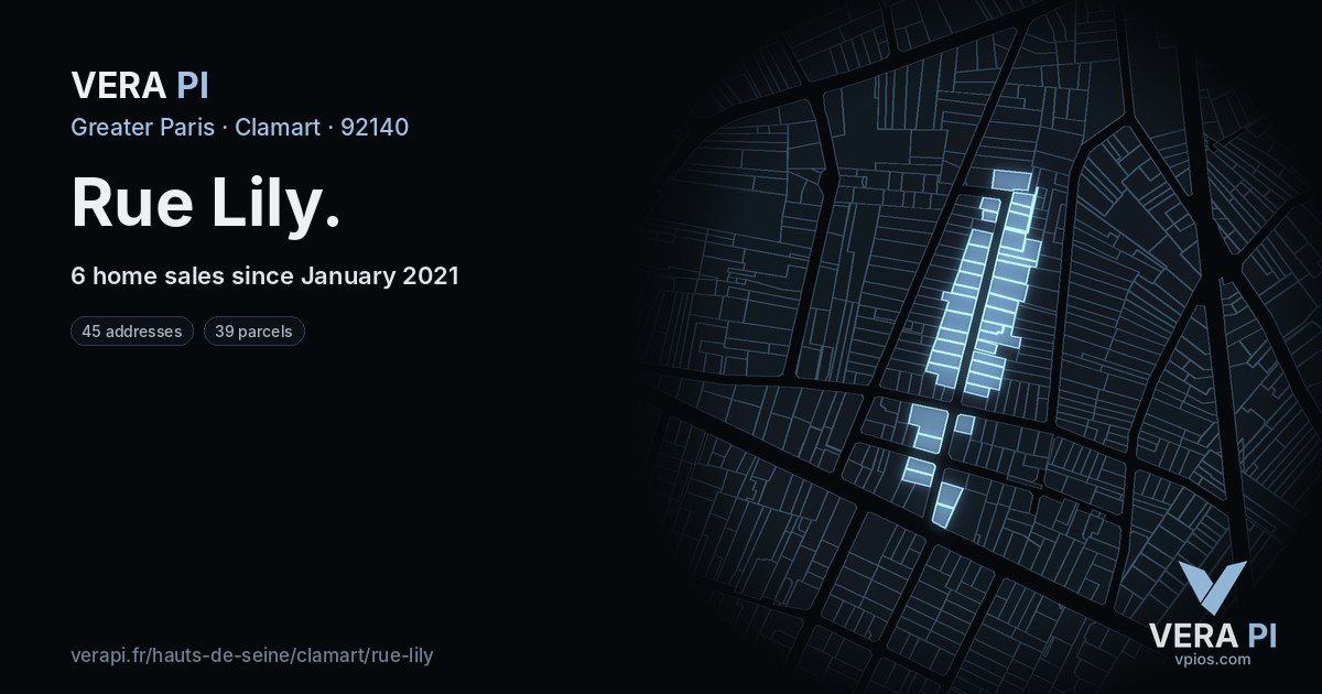Rue Lily, Clamart at night – every parcel coloured by the prices around it, the street's own parcels lit