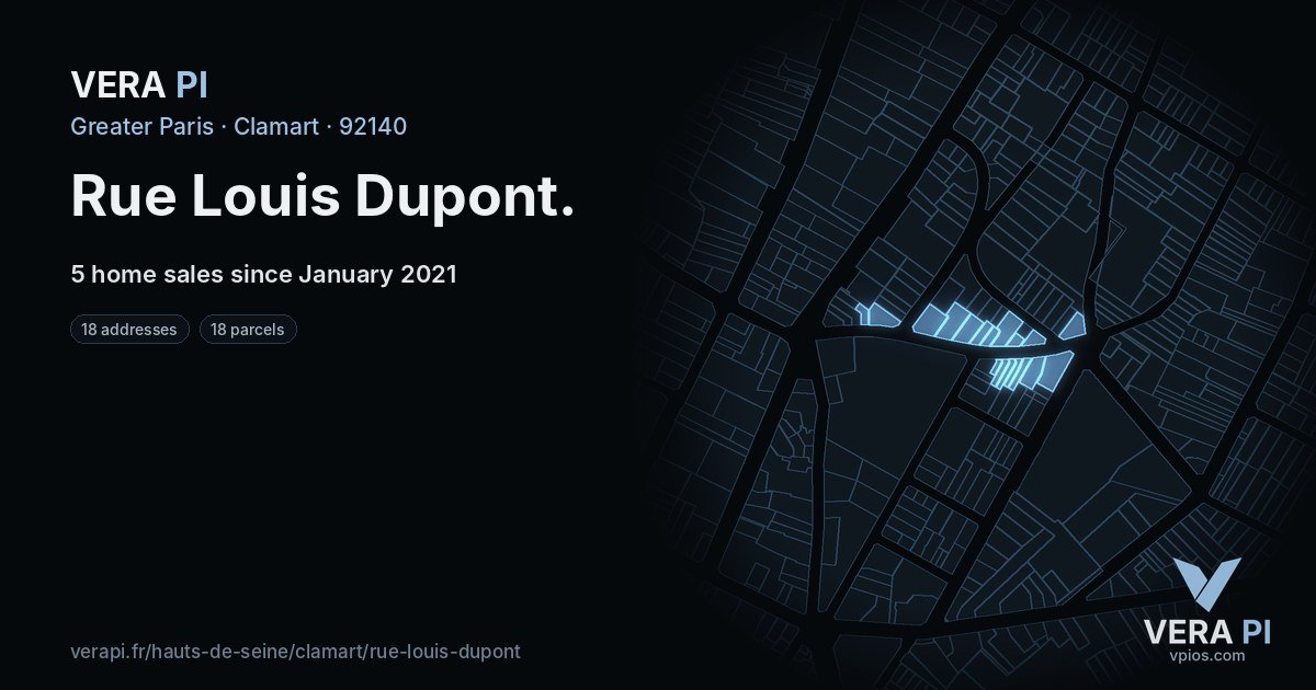 Rue Louis Dupont, Clamart at night – every parcel coloured by the prices around it, the street's own parcels lit