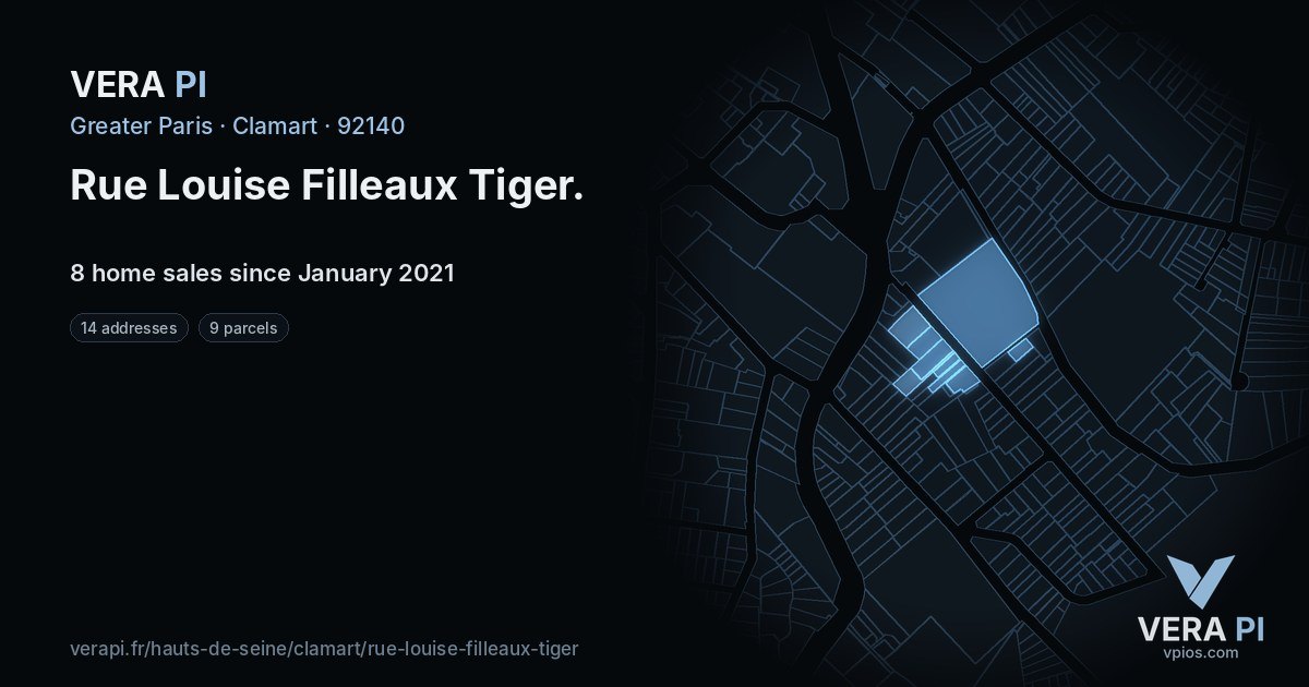 Rue Louise Filleaux Tiger, Clamart at night – every parcel coloured by the prices around it, the street's own parcels lit
