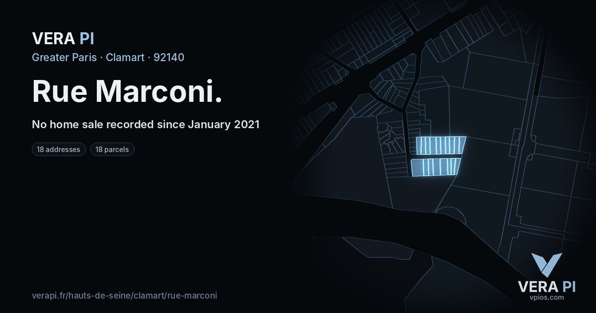 Rue Marconi, Clamart at night – every parcel coloured by the prices around it, the street's own parcels lit