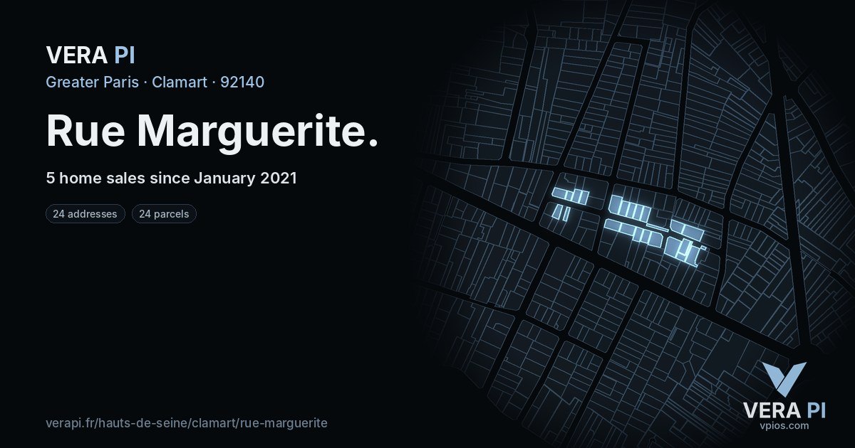 Rue Marguerite, Clamart at night – every parcel coloured by the prices around it, the street's own parcels lit
