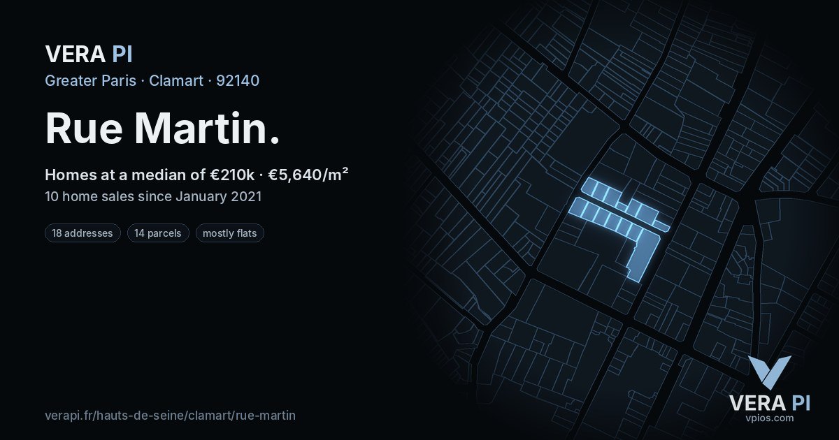 Rue Martin, Clamart at night – every parcel coloured by the prices around it, the street's own parcels lit