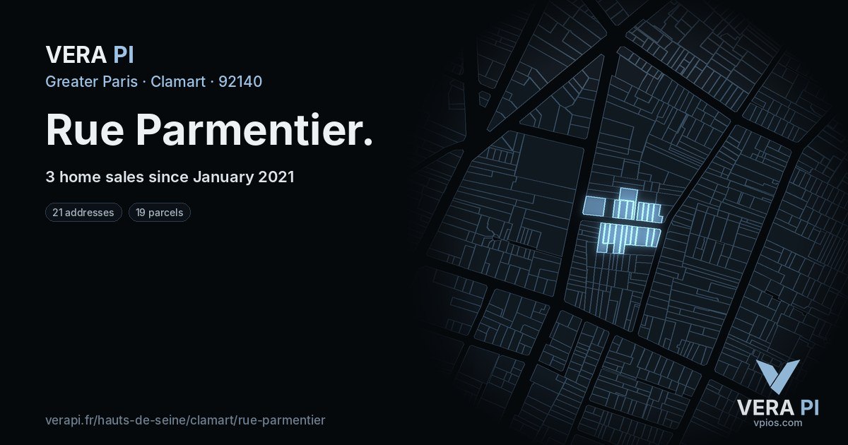 Rue Parmentier, Clamart at night – every parcel coloured by the prices around it, the street's own parcels lit