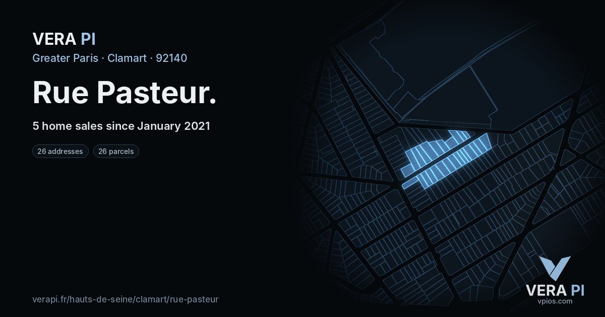 Rue Pasteur, Clamart at night – every parcel coloured by the prices around it, the street's own parcels lit