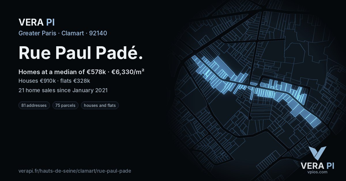 Rue Paul Padé, Clamart at night – every parcel coloured by the prices around it, the street's own parcels lit