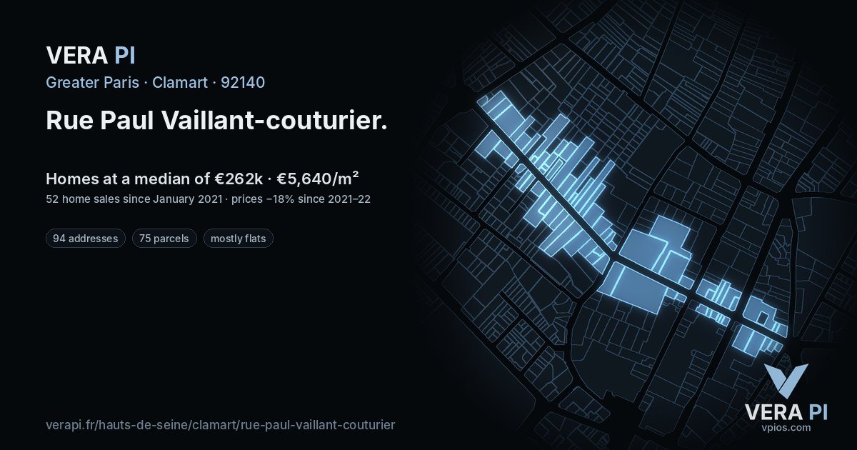 Rue Paul Vaillant-couturier, Clamart at night – every parcel coloured by the prices around it, the street's own parcels lit