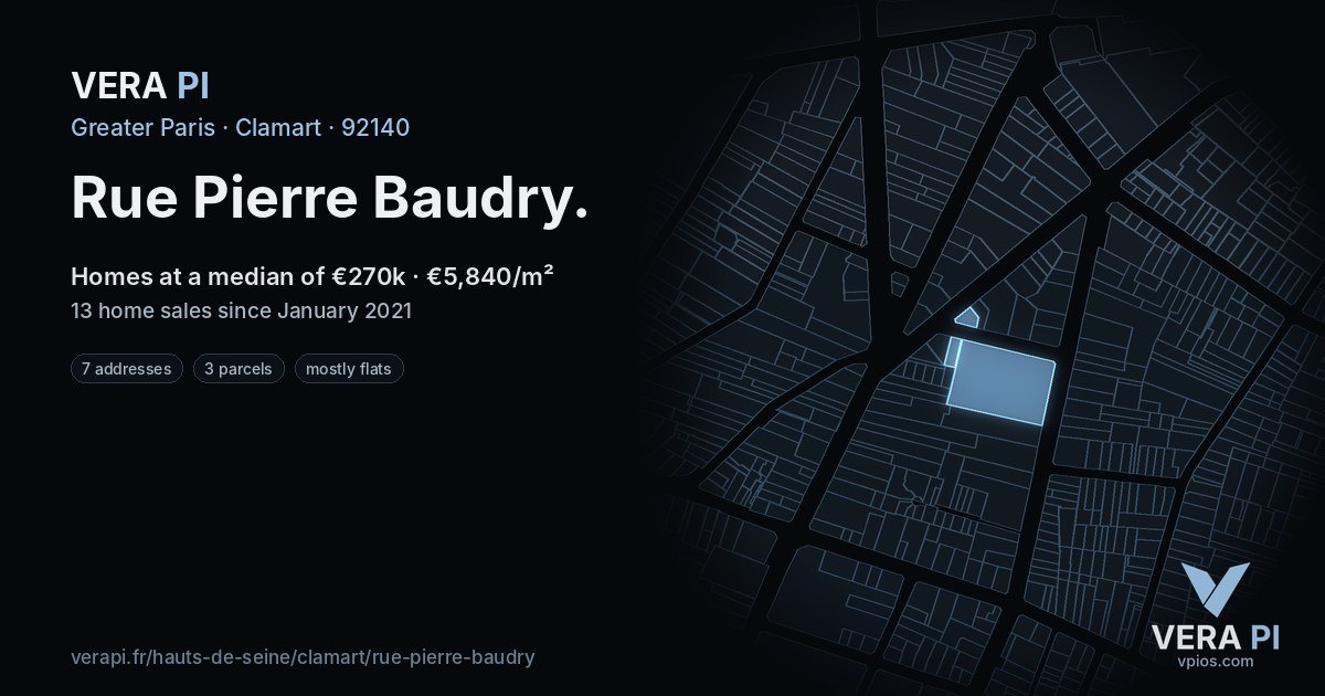Rue Pierre Baudry, Clamart at night – every parcel coloured by the prices around it, the street's own parcels lit