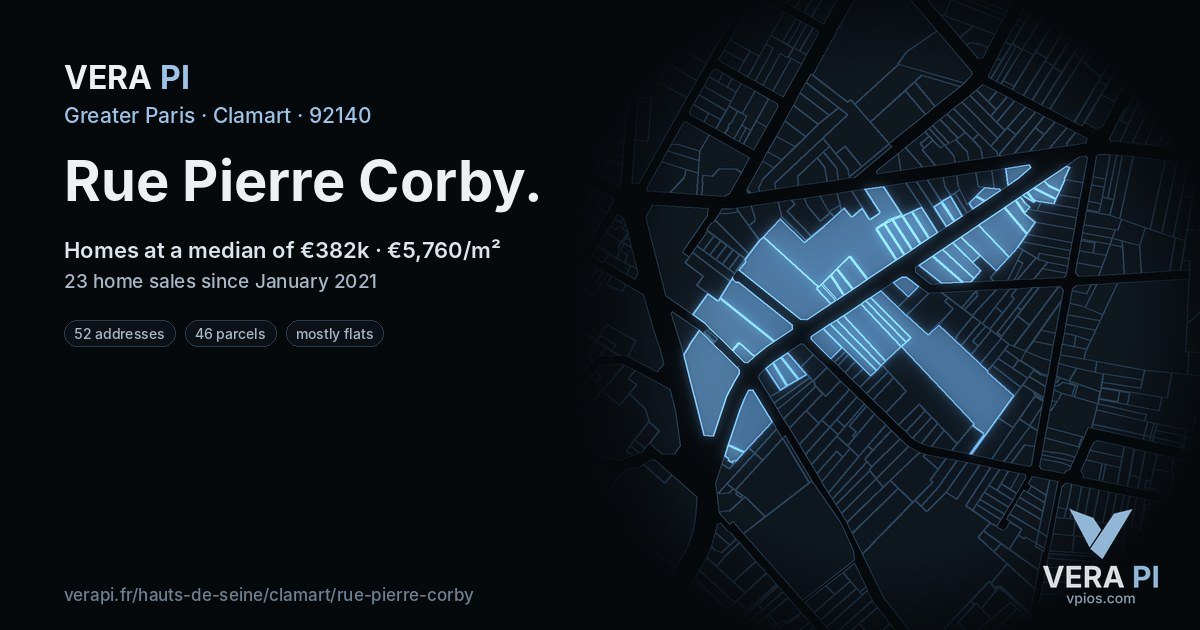 Rue Pierre Corby, Clamart at night – every parcel coloured by the prices around it, the street's own parcels lit