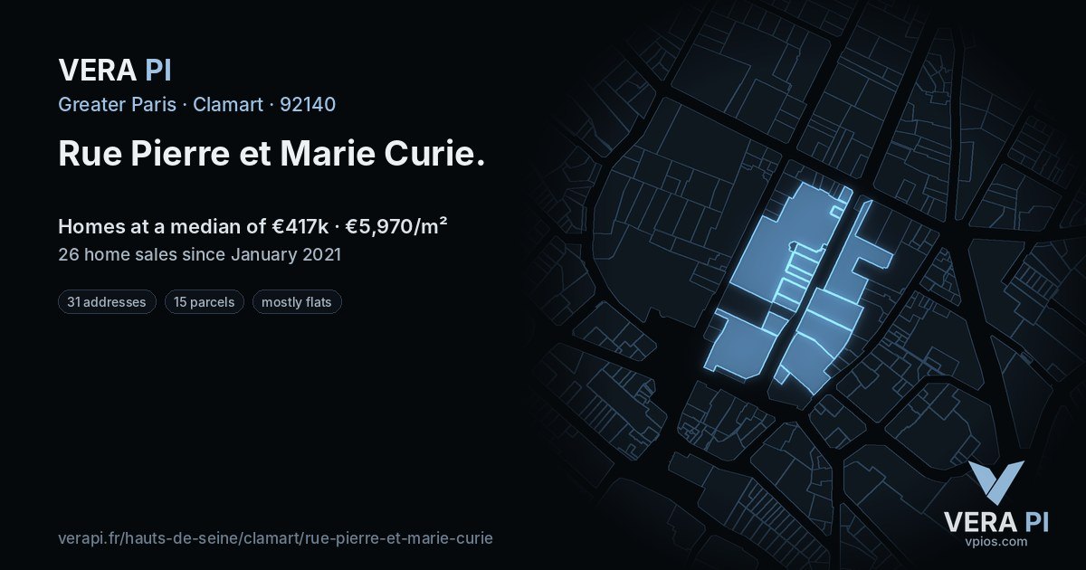 Rue Pierre et Marie Curie, Clamart at night – every parcel coloured by the prices around it, the street's own parcels lit