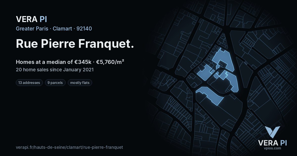 Rue Pierre Franquet, Clamart at night – every parcel coloured by the prices around it, the street's own parcels lit