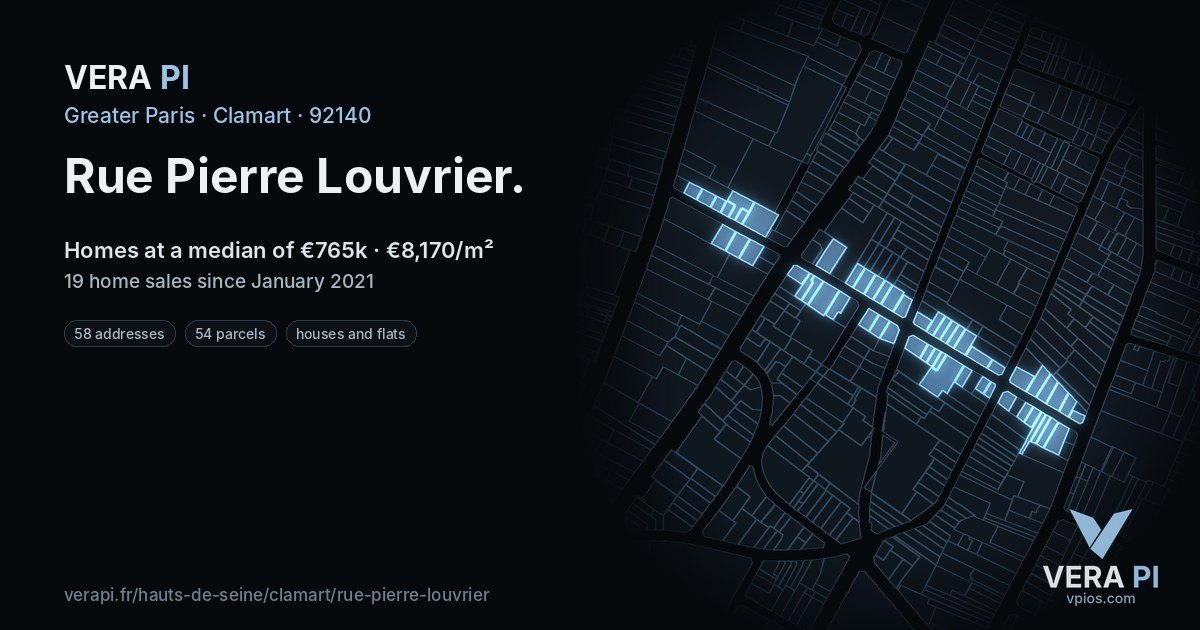 Rue Pierre Louvrier, Clamart at night – every parcel coloured by the prices around it, the street's own parcels lit