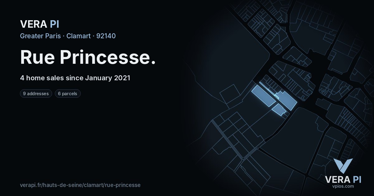 Rue Princesse, Clamart at night – every parcel coloured by the prices around it, the street's own parcels lit