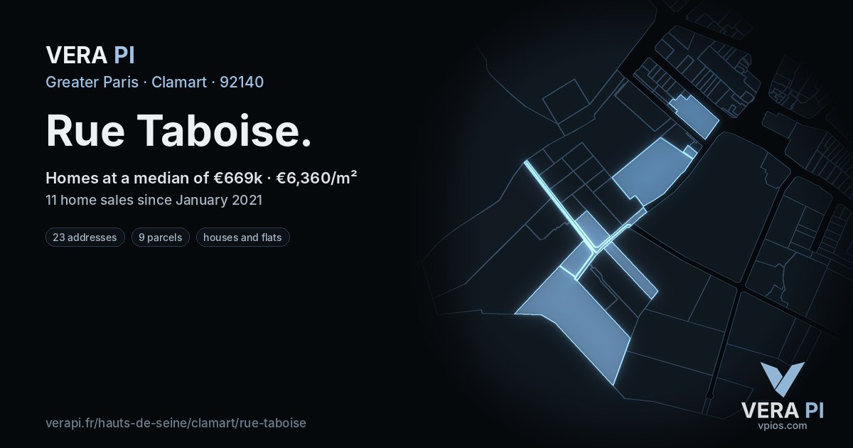 Rue Taboise, Clamart at night – every parcel coloured by the prices around it, the street's own parcels lit