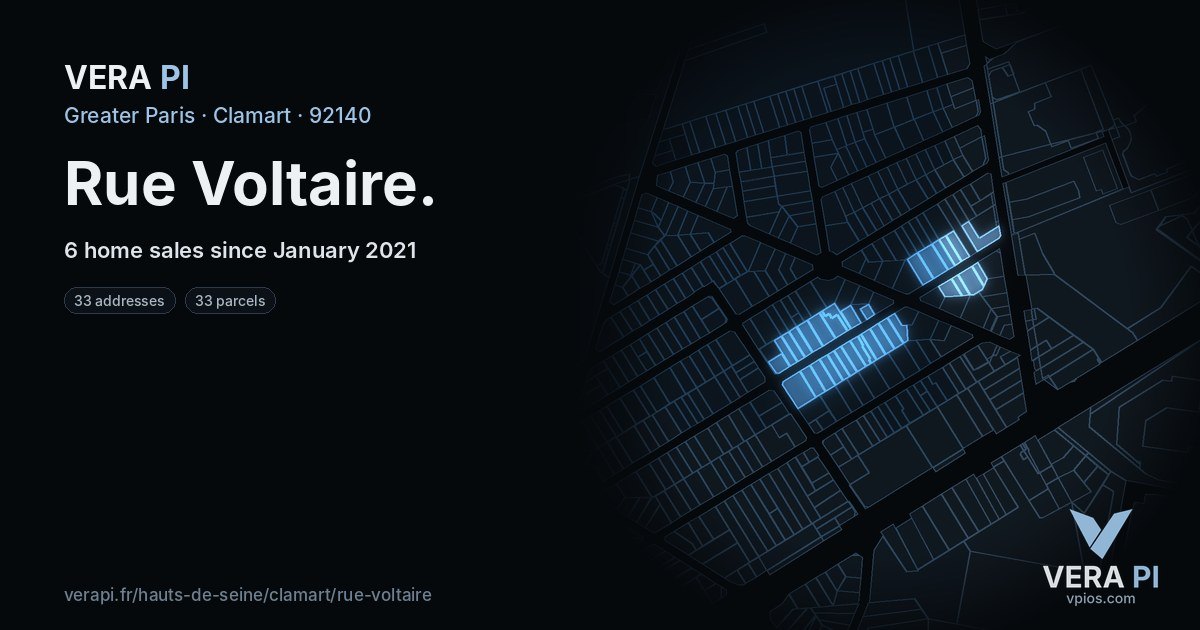 Rue Voltaire, Clamart at night – every parcel coloured by the prices around it, the street's own parcels lit
