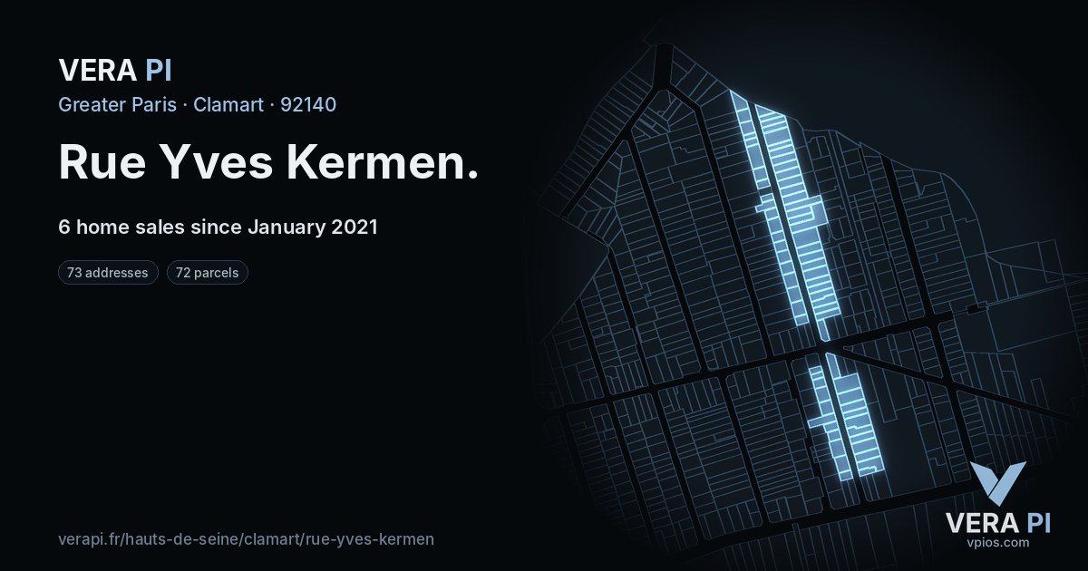 Rue Yves Kermen, Clamart at night – every parcel coloured by the prices around it, the street's own parcels lit