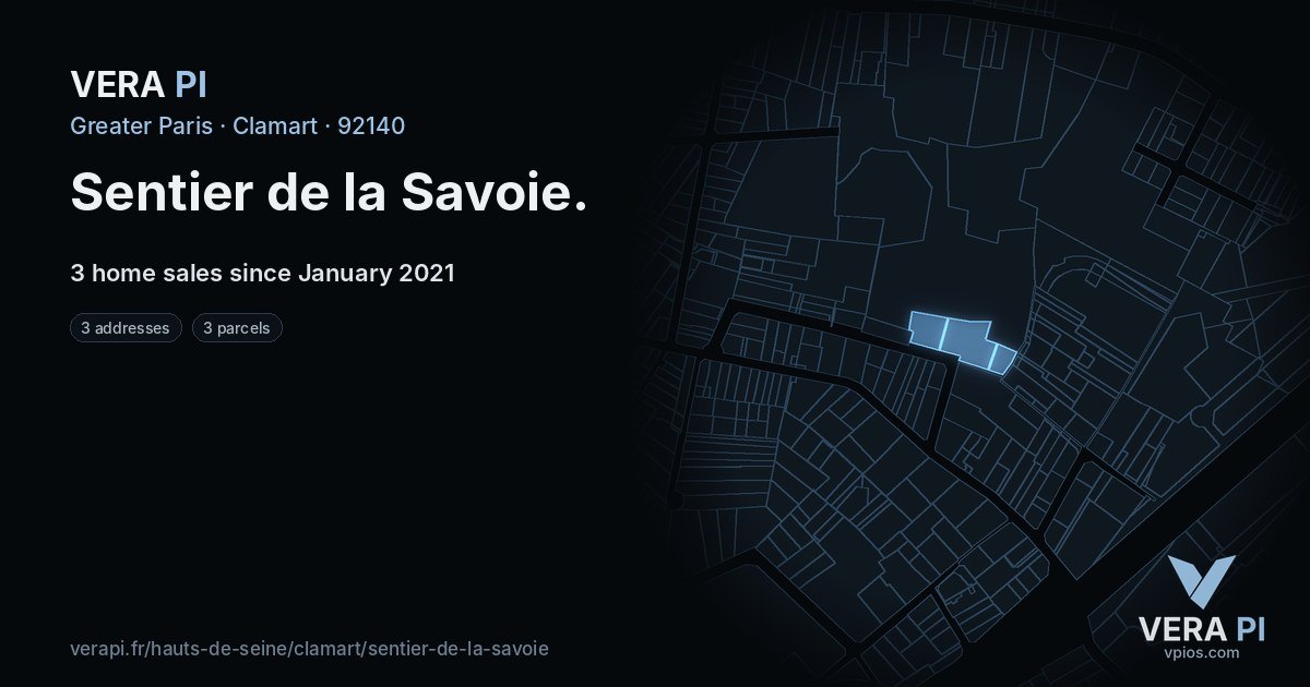 Sentier de la Savoie, Clamart at night – every parcel coloured by the prices around it, the street's own parcels lit