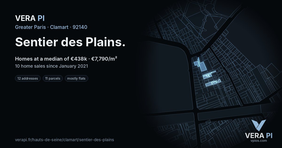 Sentier des Plains, Clamart at night – every parcel coloured by the prices around it, the street's own parcels lit