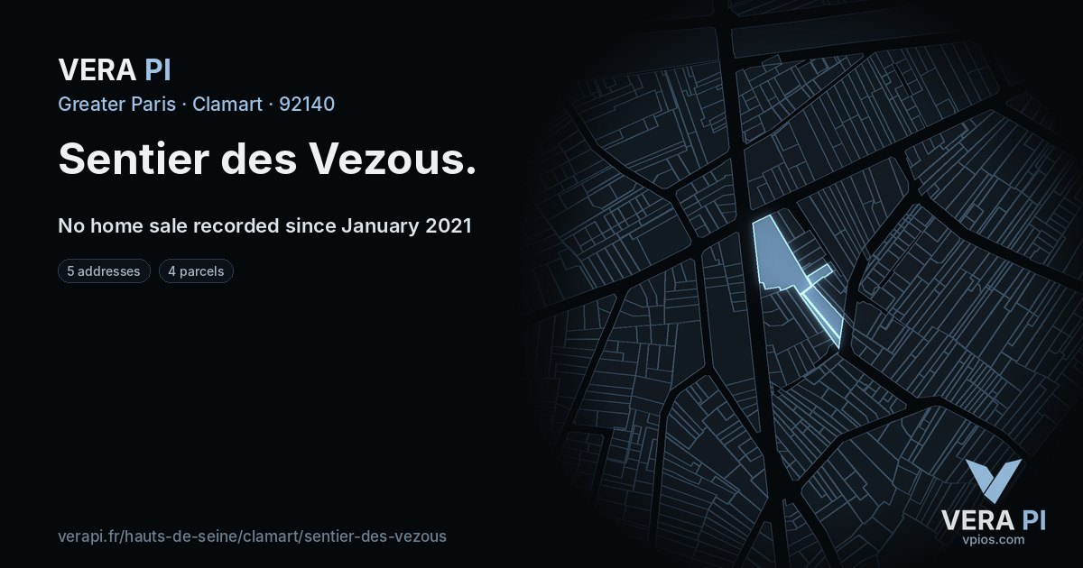 Sentier des Vezous, Clamart at night – every parcel coloured by the prices around it, the street's own parcels lit