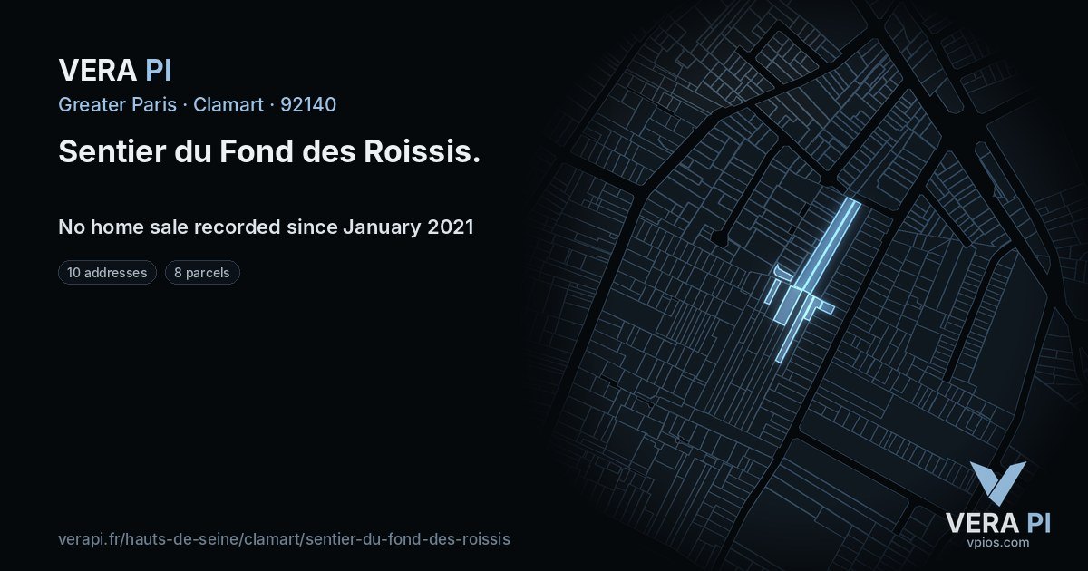 Sentier du Fond des Roissis, Clamart at night – every parcel coloured by the prices around it, the street's own parcels lit