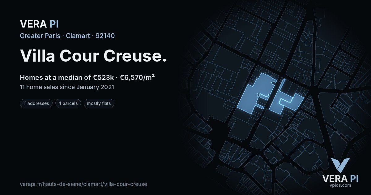 Villa Cour Creuse, Clamart at night – every parcel coloured by the prices around it, the street's own parcels lit