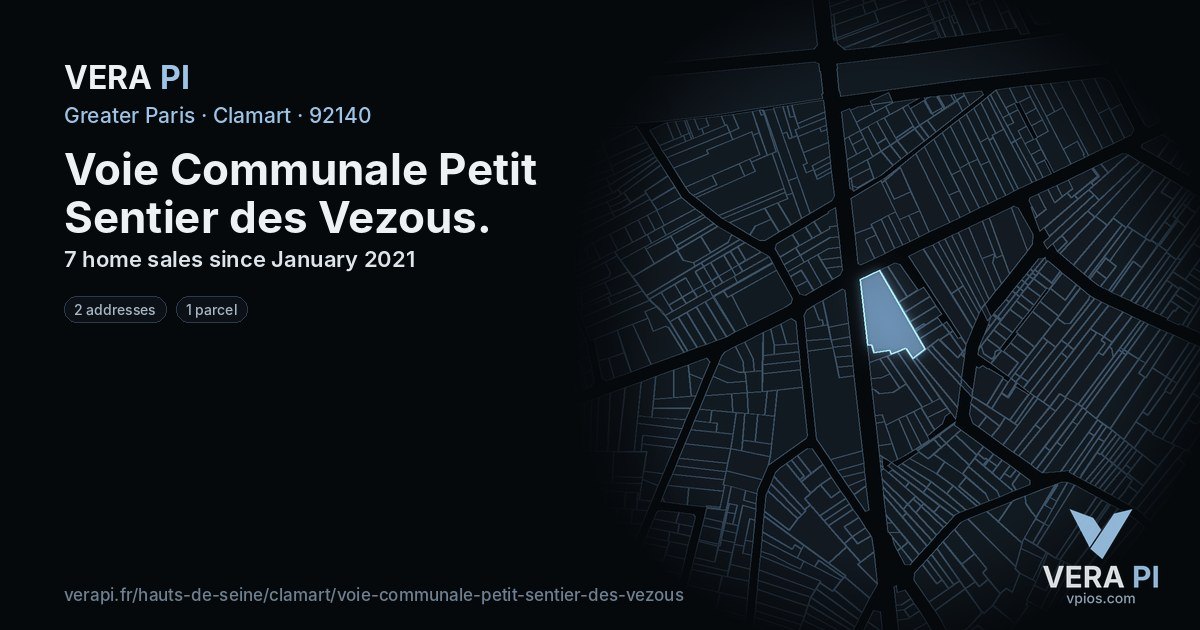 Voie Communale Petit Sentier des Vezous, Clamart at night – every parcel coloured by the prices around it, the street's own parcels lit