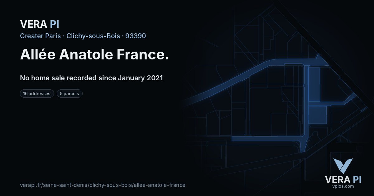 Allée Anatole France, Clichy-sous-Bois at night – every parcel coloured by the prices around it, the street's own parcels lit