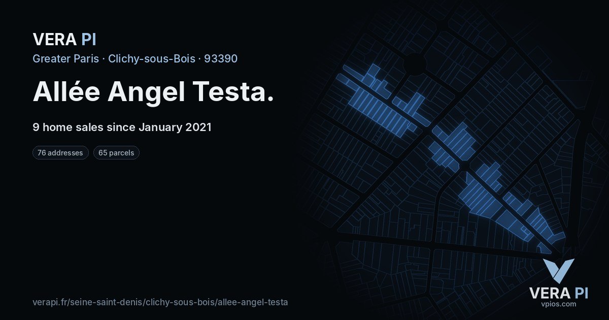 Allée Angel Testa, Clichy-sous-Bois at night – every parcel coloured by the prices around it, the street's own parcels lit