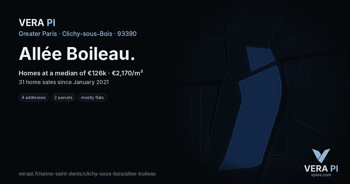 Allée Boileau, Clichy-sous-Bois at night – every parcel coloured by the prices around it, the street's own parcels lit