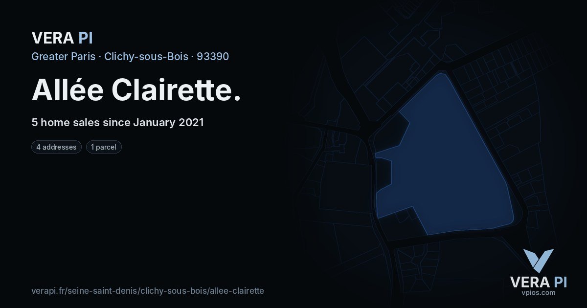 Allée Clairette, Clichy-sous-Bois at night – every parcel coloured by the prices around it, the street's own parcels lit