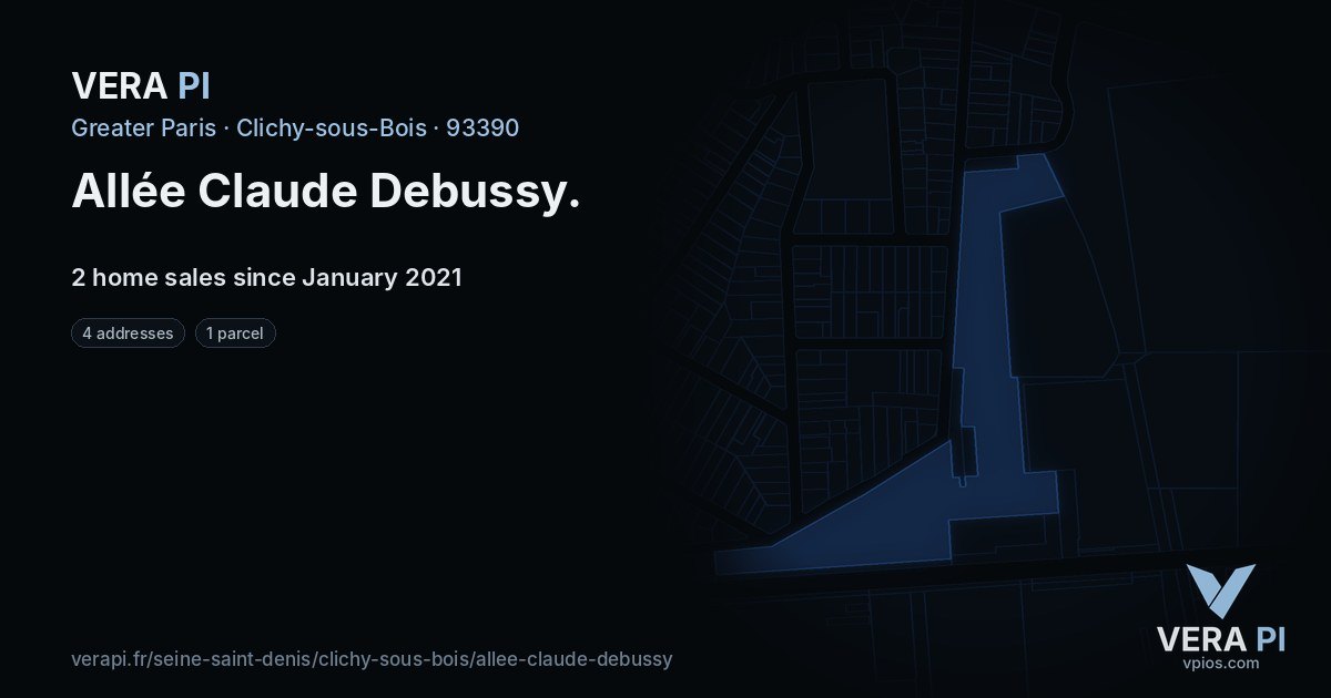 Allée Claude Debussy, Clichy-sous-Bois at night – every parcel coloured by the prices around it, the street's own parcels lit