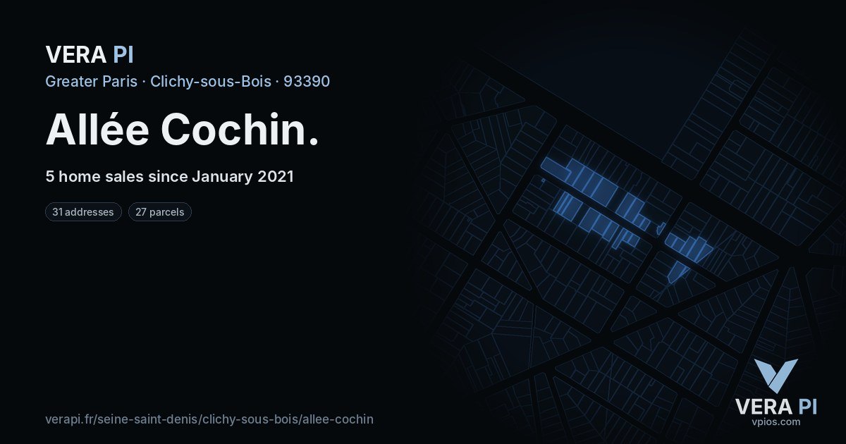 Allée Cochin, Clichy-sous-Bois at night – every parcel coloured by the prices around it, the street's own parcels lit
