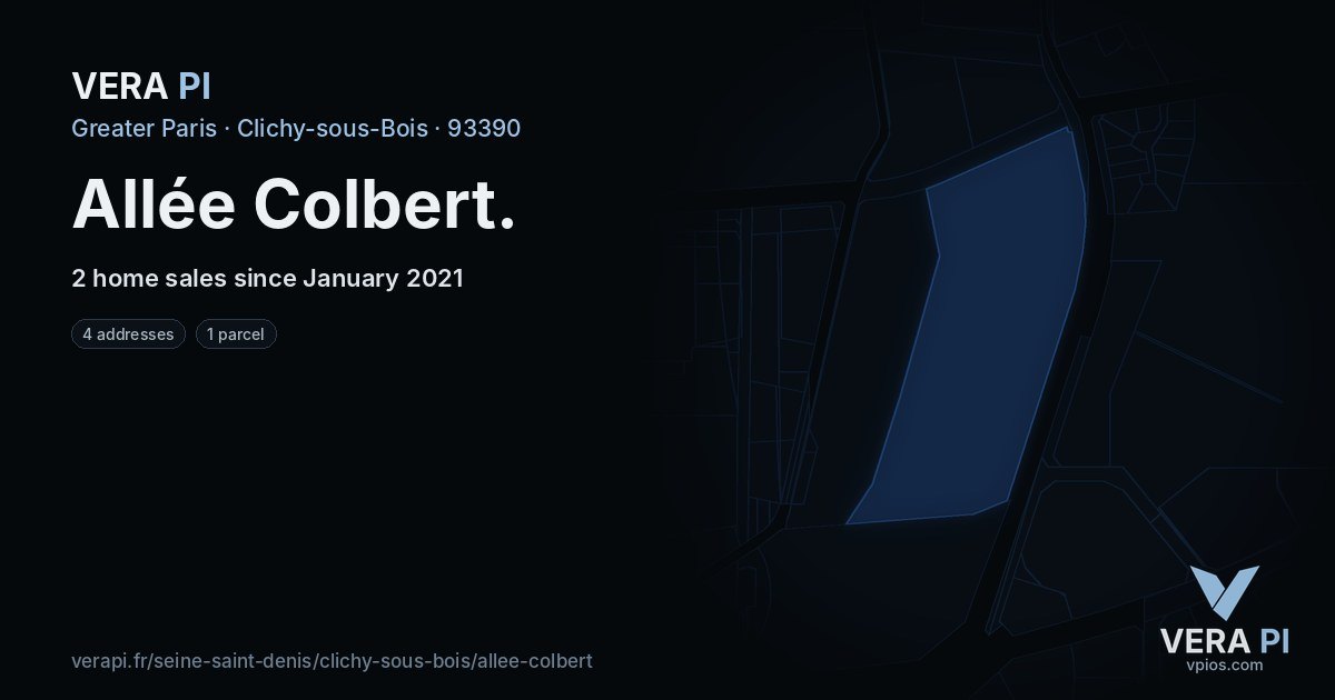 Allée Colbert, Clichy-sous-Bois at night – every parcel coloured by the prices around it, the street's own parcels lit