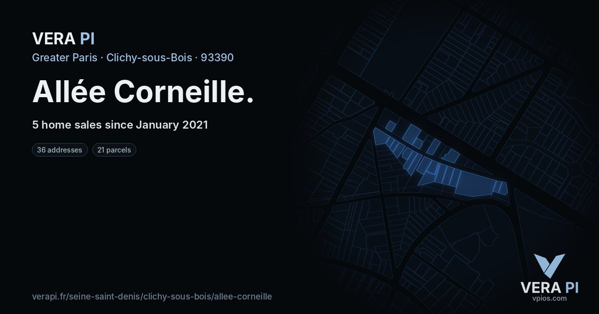 Allée Corneille, Clichy-sous-Bois at night – every parcel coloured by the prices around it, the street's own parcels lit