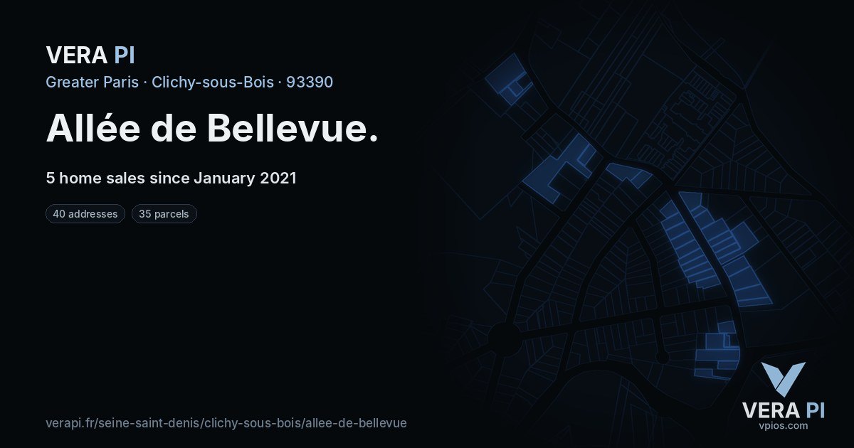 Allée de Bellevue, Clichy-sous-Bois at night – every parcel coloured by the prices around it, the street's own parcels lit