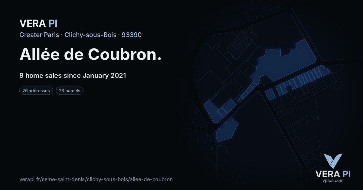 Allée de Coubron, Clichy-sous-Bois at night – every parcel coloured by the prices around it, the street's own parcels lit