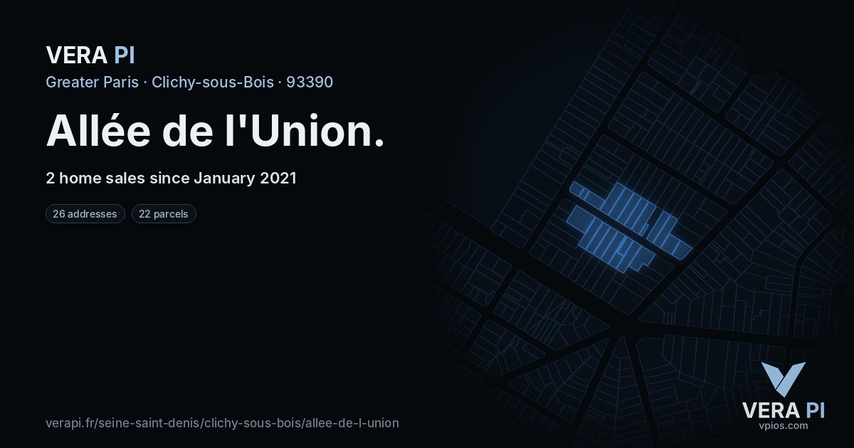 Allée de l'Union, Clichy-sous-Bois at night – every parcel coloured by the prices around it, the street's own parcels lit