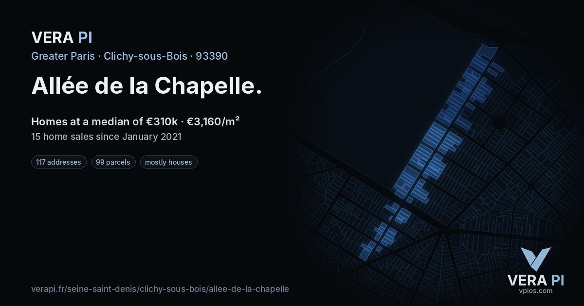Allée de la Chapelle, Clichy-sous-Bois at night – every parcel coloured by the prices around it, the street's own parcels lit