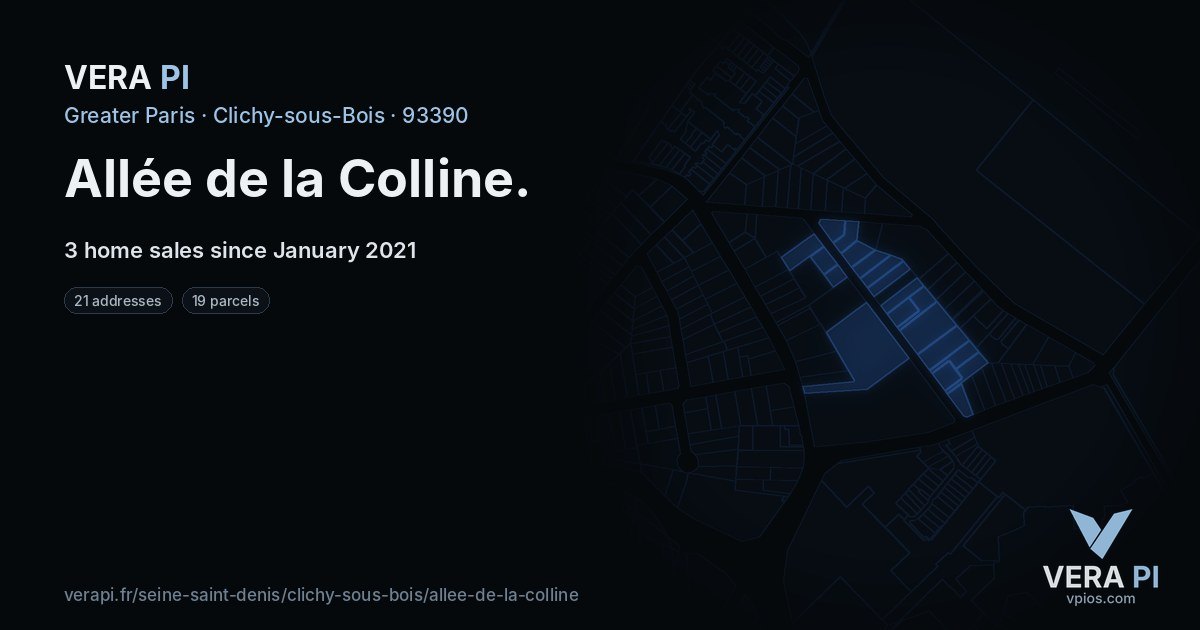 Allée de la Colline, Clichy-sous-Bois at night – every parcel coloured by the prices around it, the street's own parcels lit