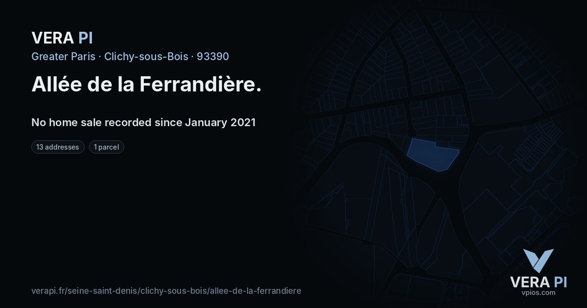 Allée de la Ferrandière, Clichy-sous-Bois at night – every parcel coloured by the prices around it, the street's own parcels lit