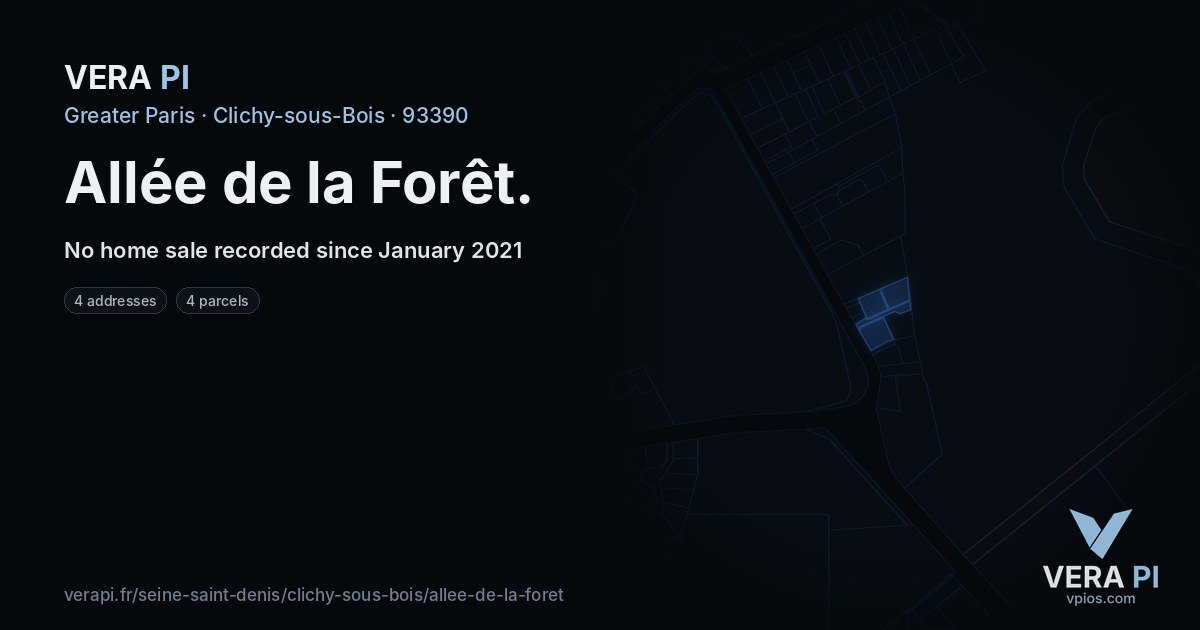 Allée de la Forêt, Clichy-sous-Bois at night – every parcel coloured by the prices around it, the street's own parcels lit