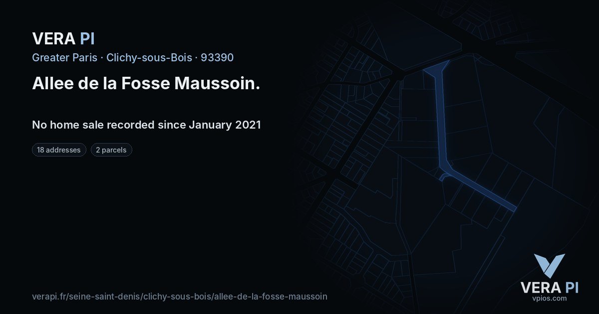 Allee de la Fosse Maussoin, Clichy-sous-Bois at night – every parcel coloured by the prices around it, the street's own parcels lit