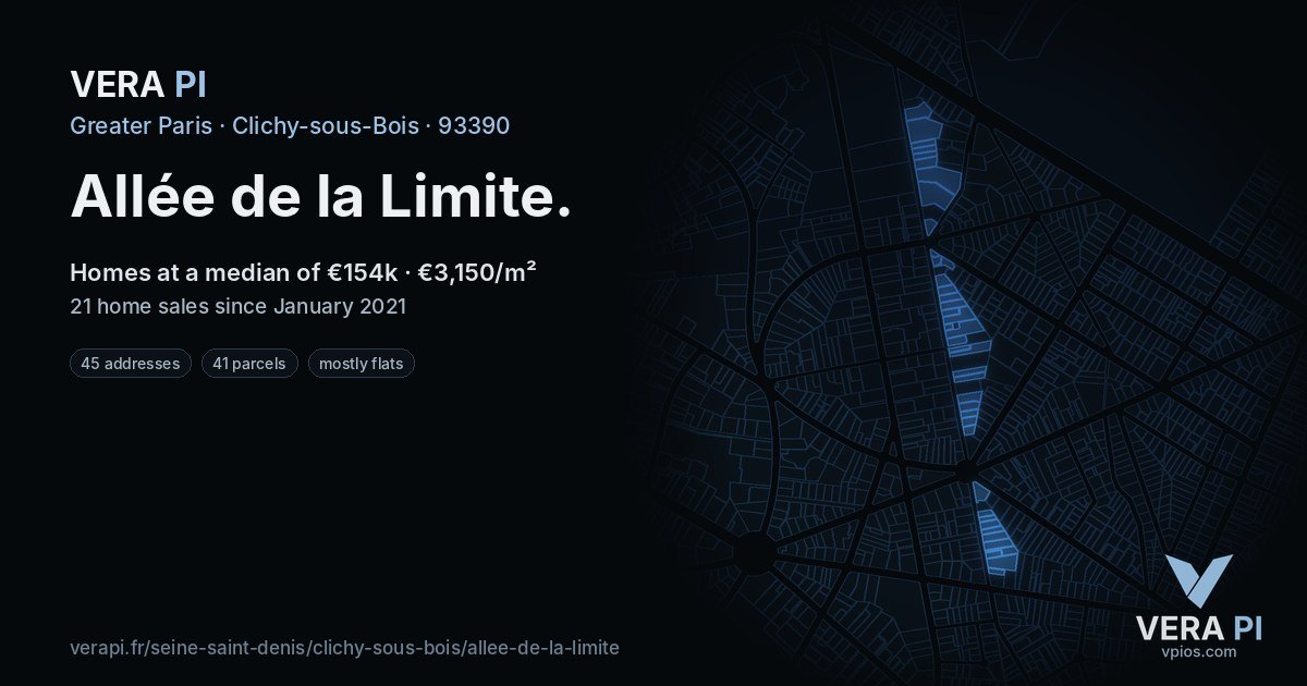 Allée de la Limite, Clichy-sous-Bois at night – every parcel coloured by the prices around it, the street's own parcels lit