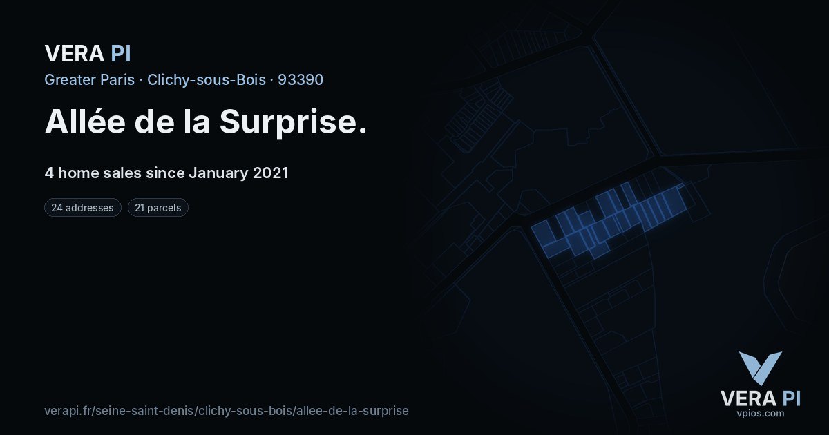 Allée de la Surprise, Clichy-sous-Bois at night – every parcel coloured by the prices around it, the street's own parcels lit
