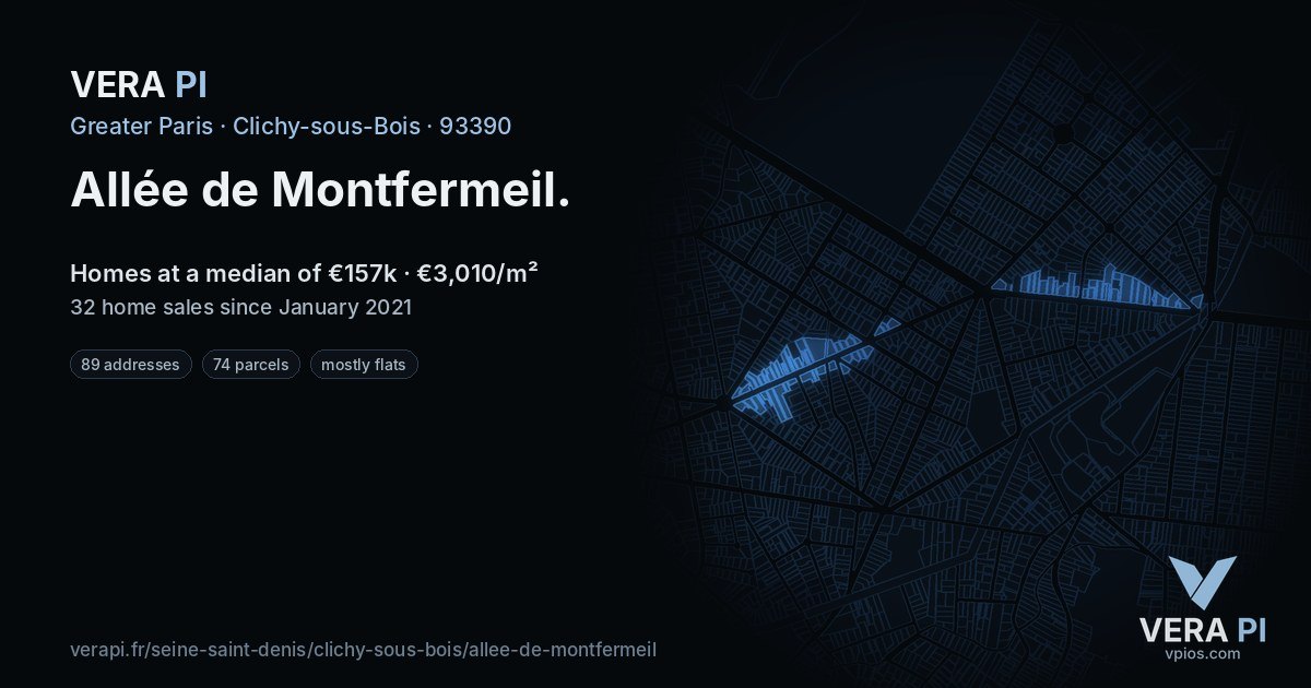 Allée de Montfermeil, Clichy-sous-Bois at night – every parcel coloured by the prices around it, the street's own parcels lit