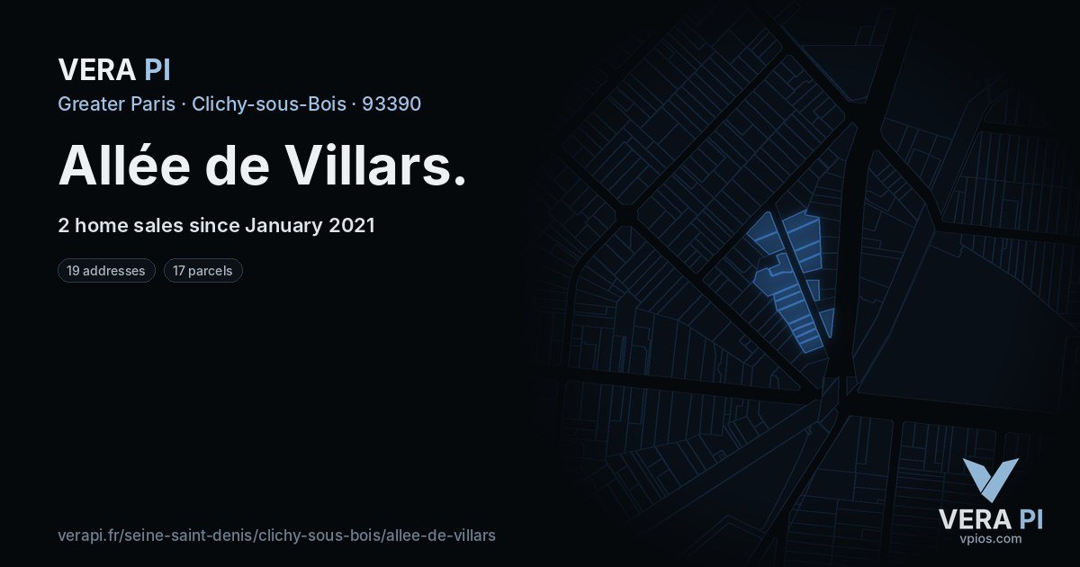 Allée de Villars, Clichy-sous-Bois at night – every parcel coloured by the prices around it, the street's own parcels lit
