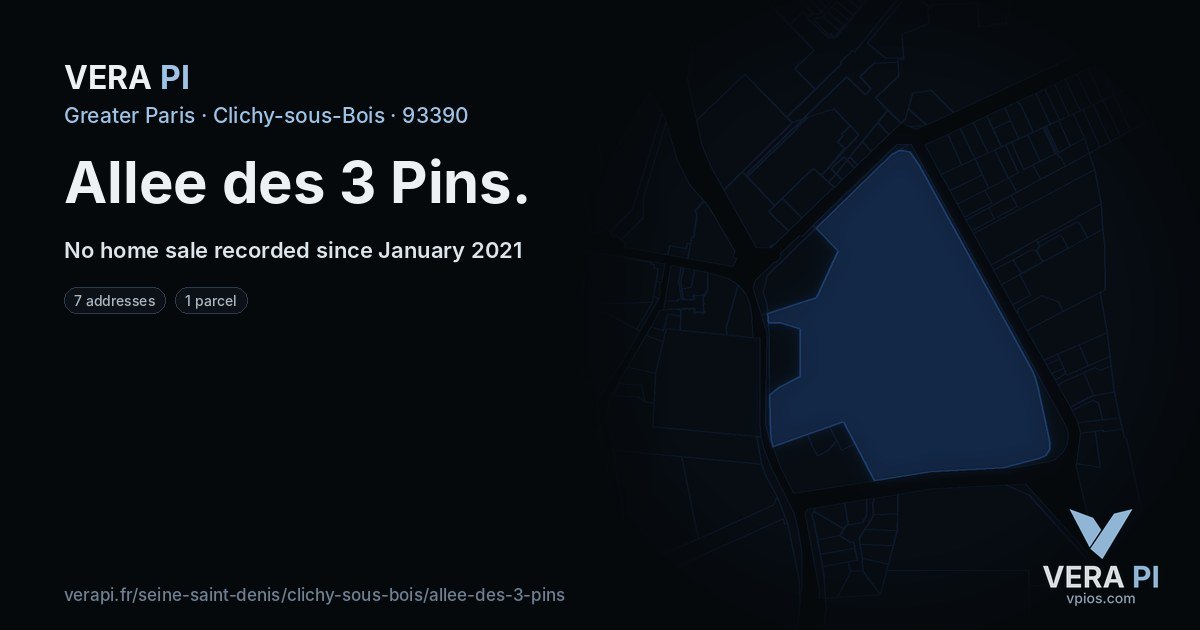 Allee des 3 Pins, Clichy-sous-Bois at night – every parcel coloured by the prices around it, the street's own parcels lit