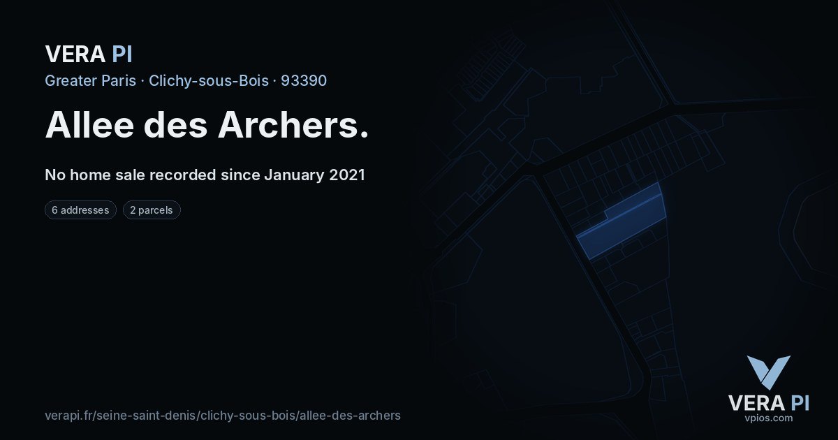 Allee des Archers, Clichy-sous-Bois at night – every parcel coloured by the prices around it, the street's own parcels lit